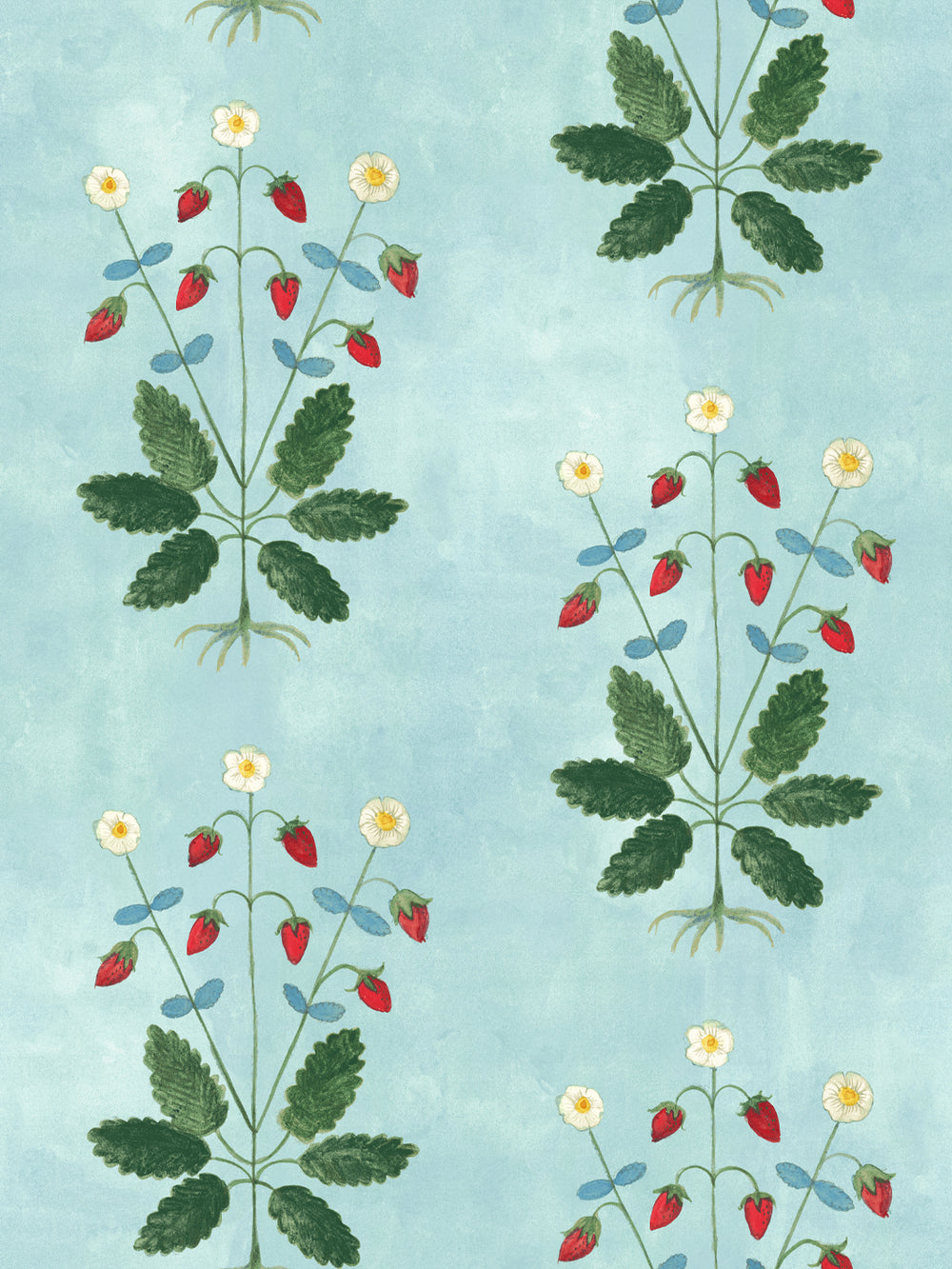 Blue strawberry wallpaper with red berries, white flowers, and green leaves on light blue
