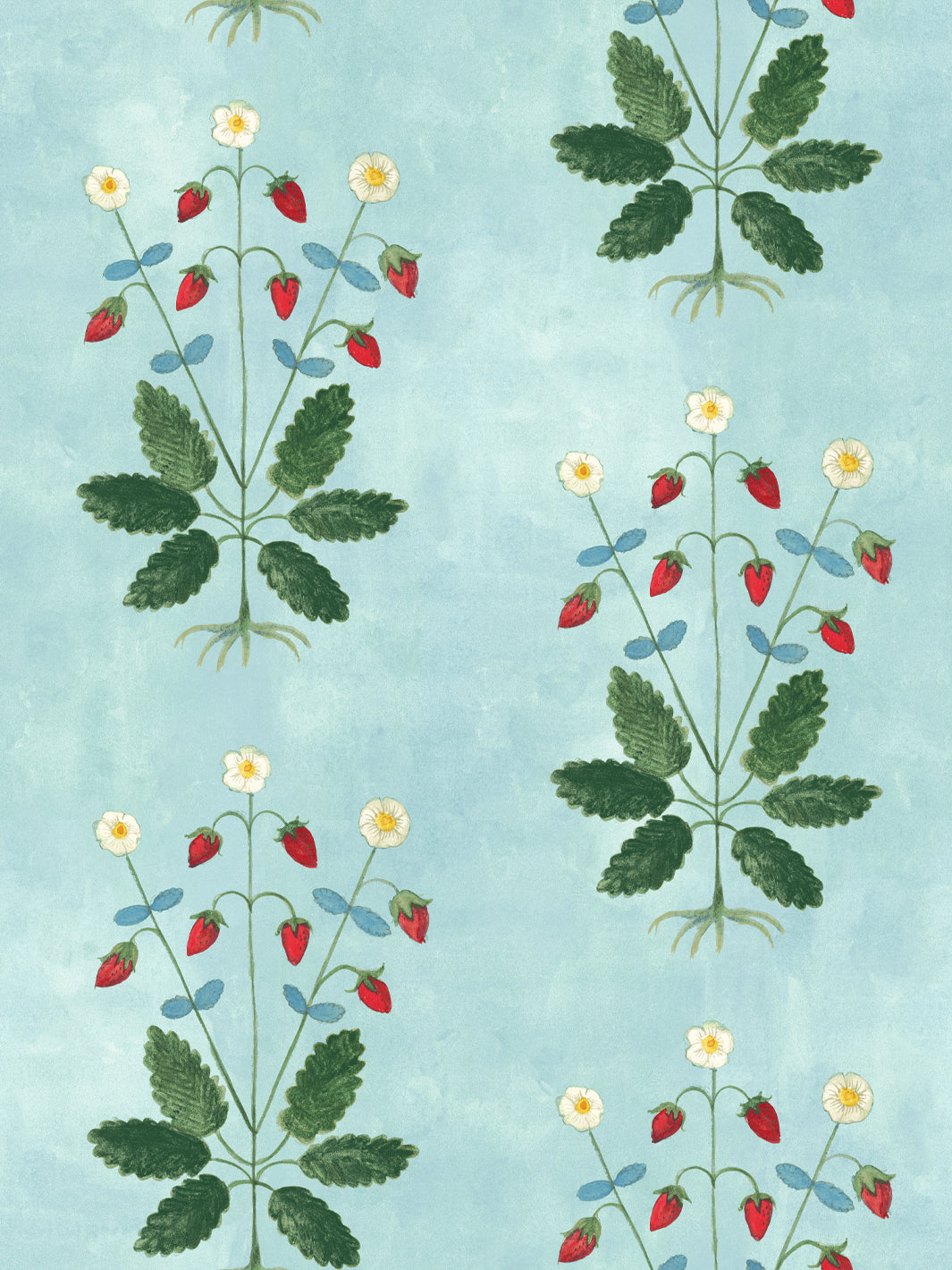 Blue strawberry wallpaper with red berries, white flowers, and green leaves on light blue