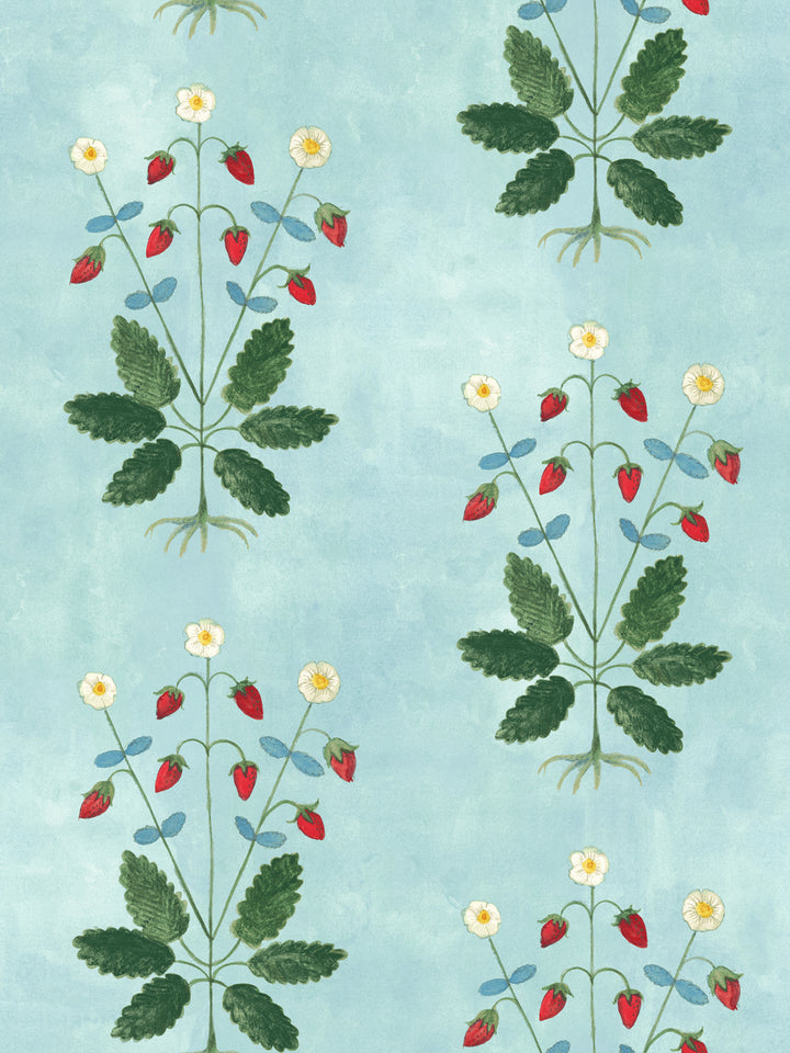 Blue strawberry wallpaper with red berries, white flowers, and green leaves on light blue