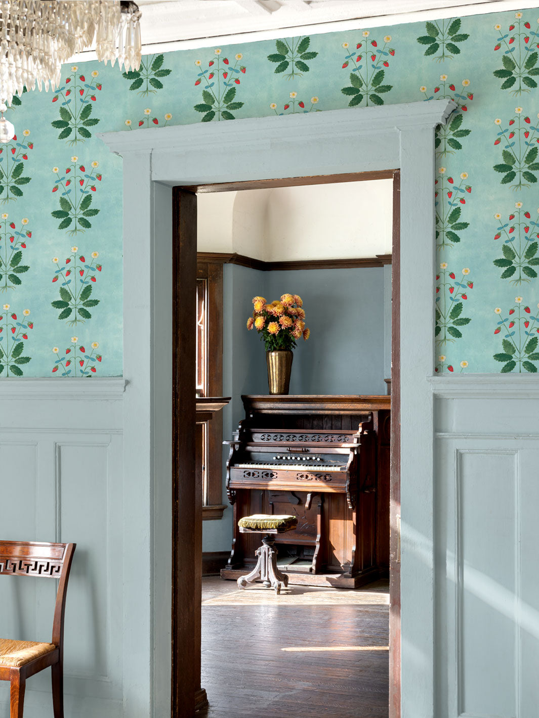 Strawberry wallpaper on walls around an open doorway, blue with red berries and greenery