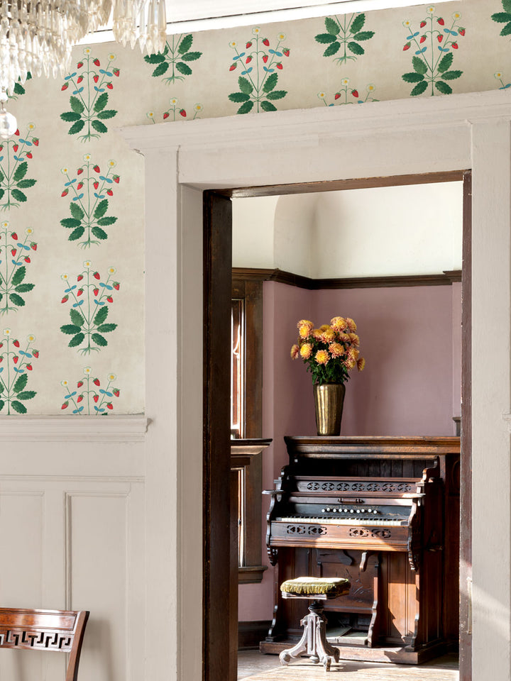Botanical strawberry wallpaper panel with green leaves and small flowers