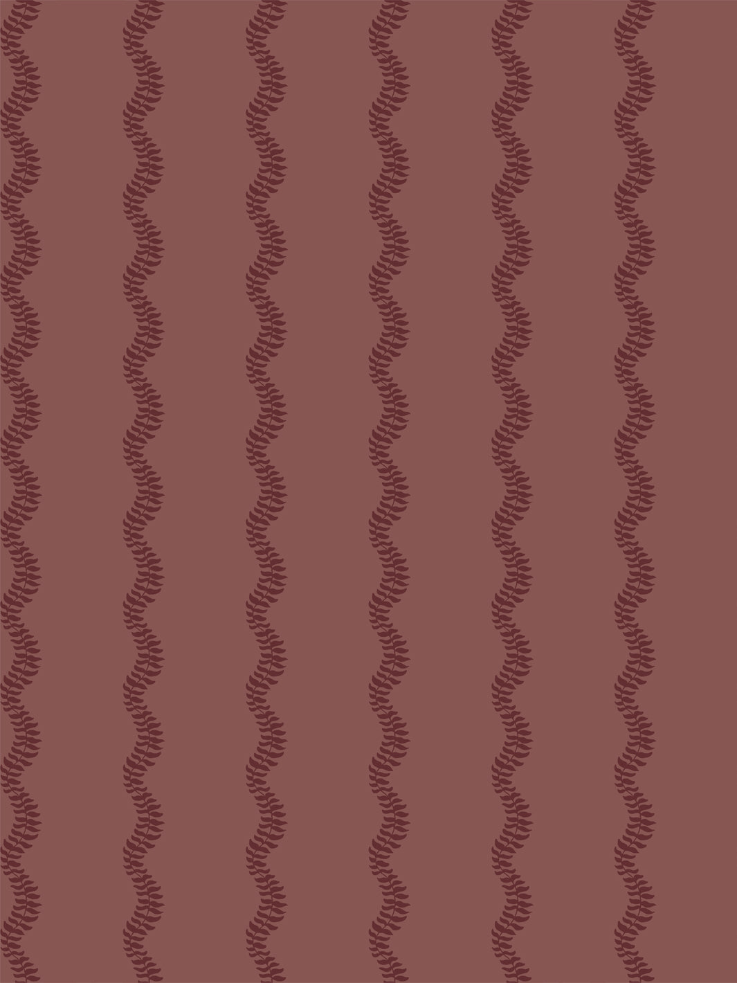 Vertical wavy fern-vine stripe in deep wine on a muted brick-rose ground