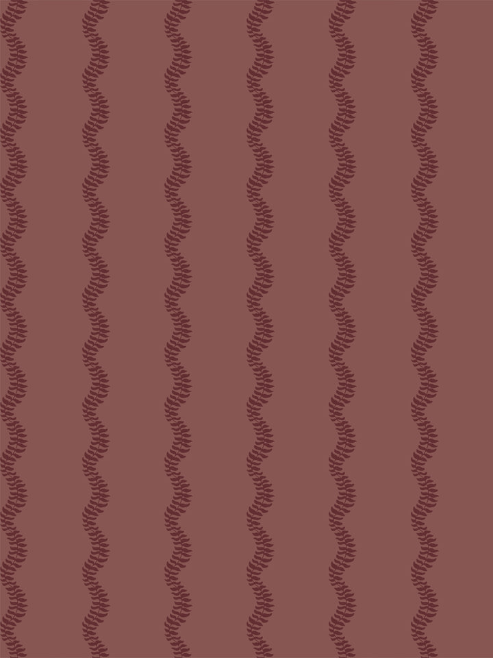 Vertical wavy fern-vine stripe in deep wine on a muted brick-rose ground