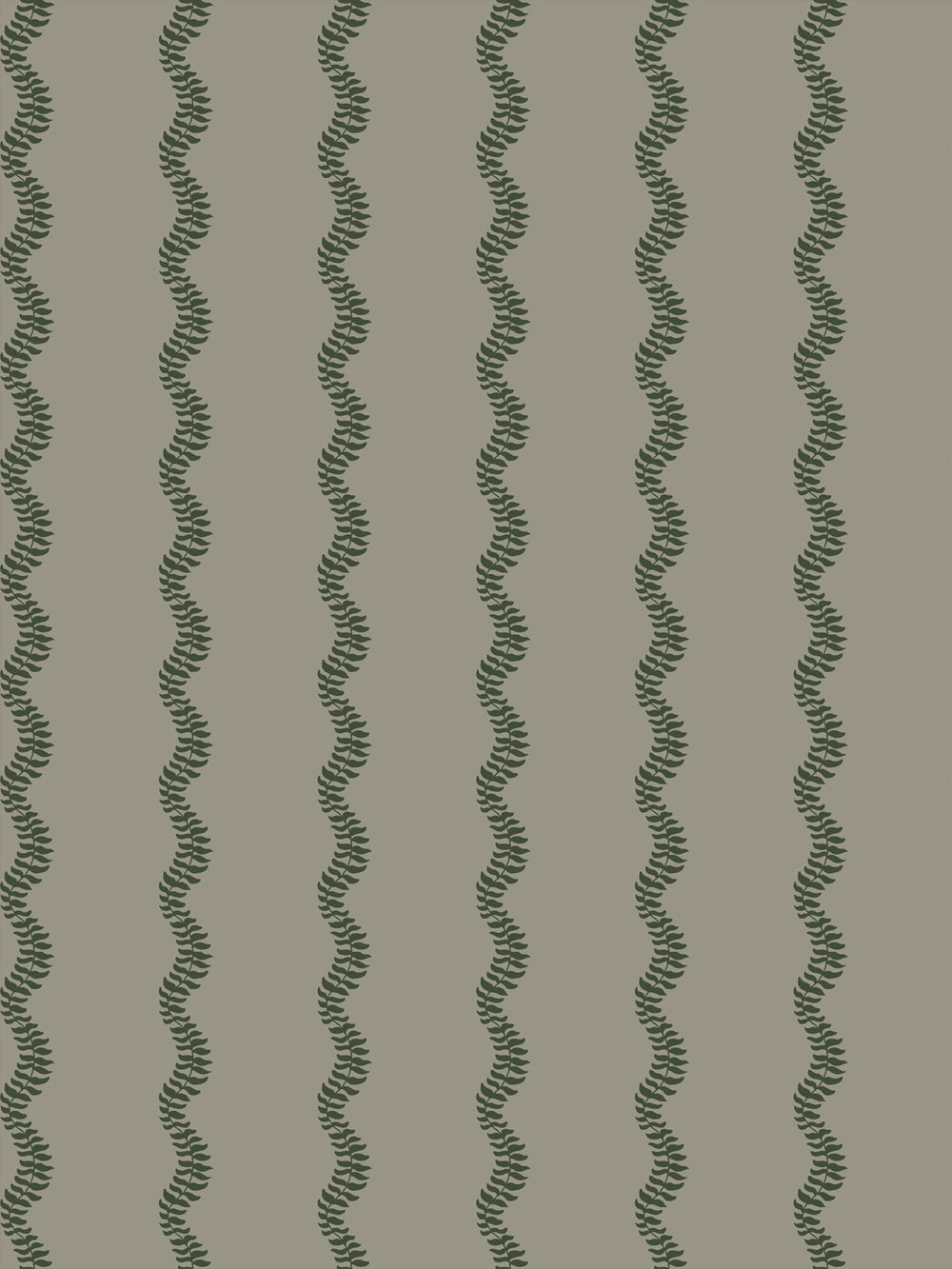 Wavy fern-vine stripes in dark forest green on a warm grey-green ground