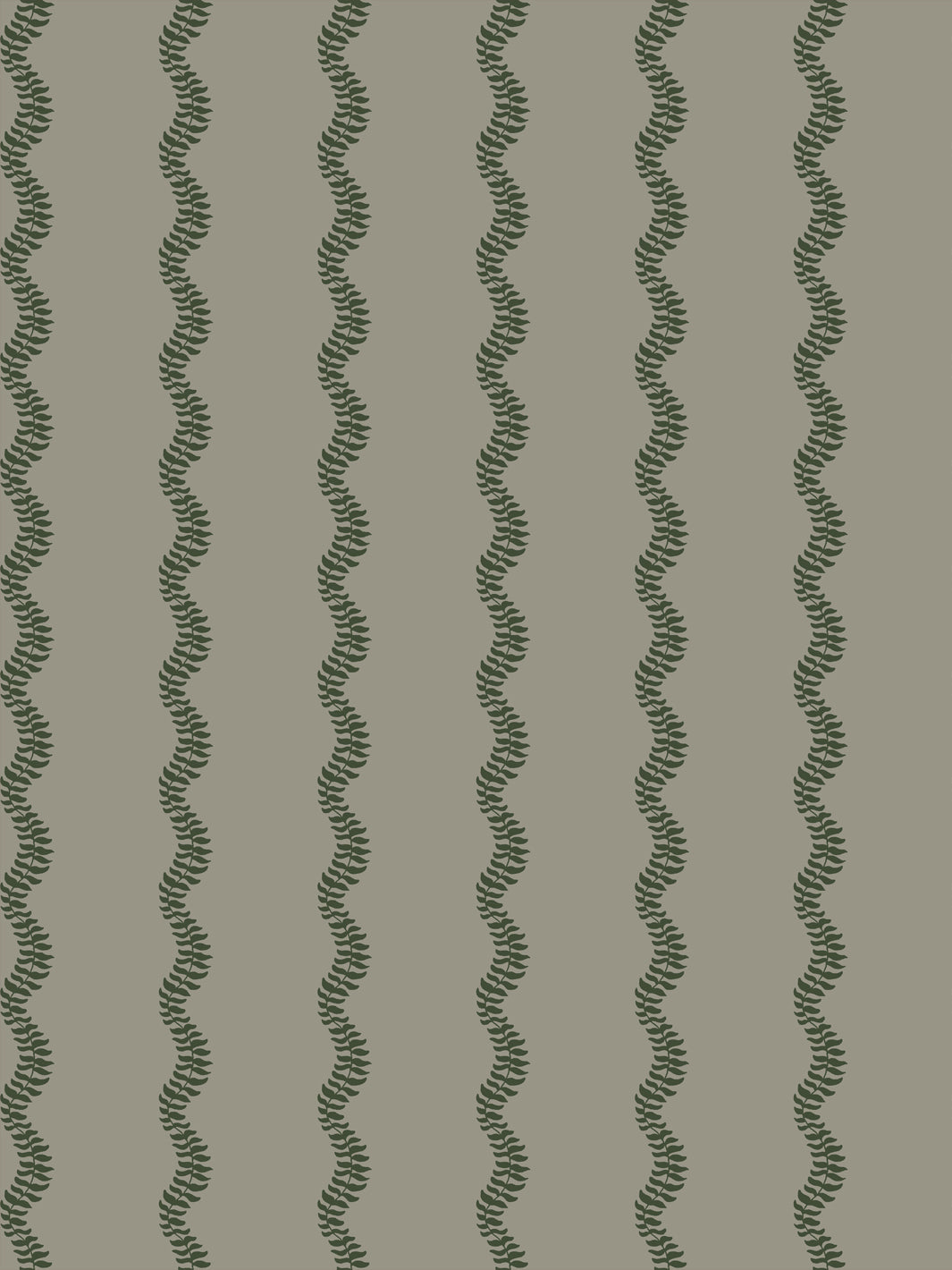 Wavy fern-vine stripes in dark forest green on a warm grey-green ground