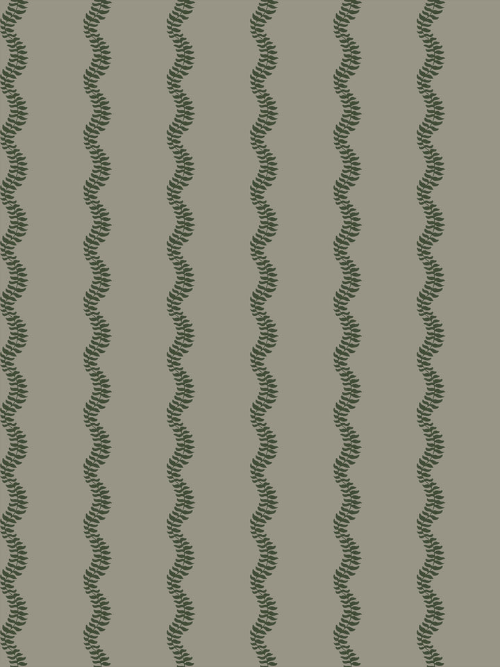 Wavy fern-vine stripes in dark forest green on a warm grey-green ground
