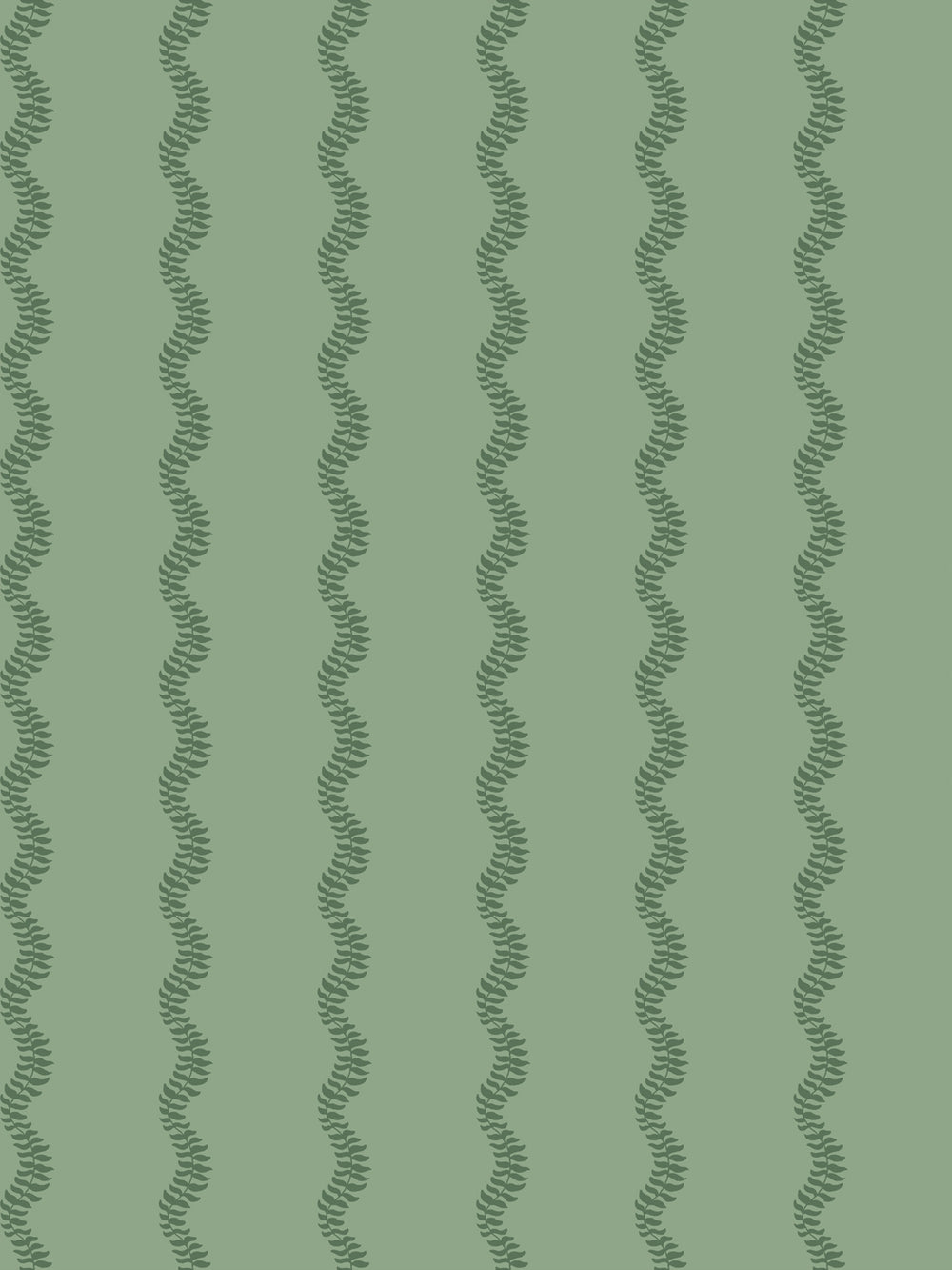 Tonal sage stripe of wavy fern vines in darker green on soft sage