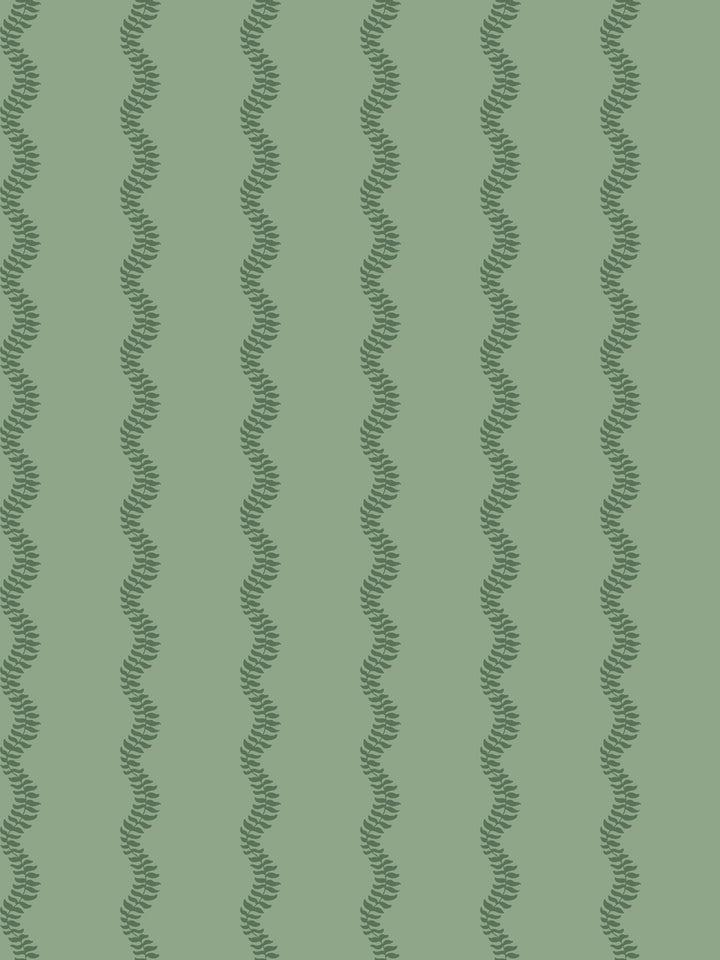 Tonal sage stripe of wavy fern vines in darker green on soft sage