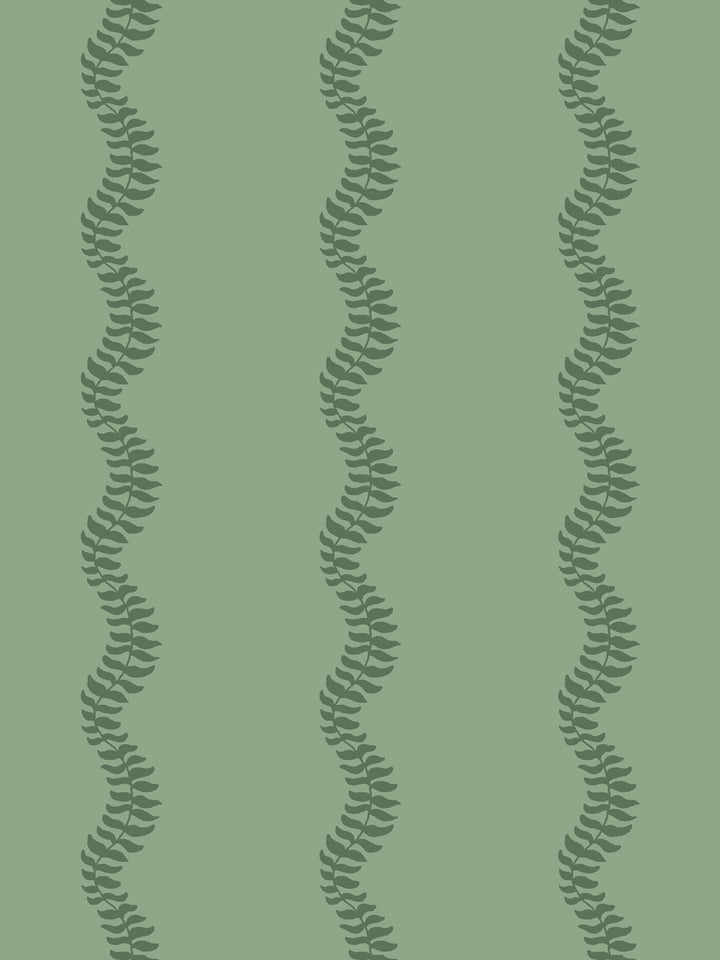 Close crop of deeper moss pine green leaf stripes on medium sage green