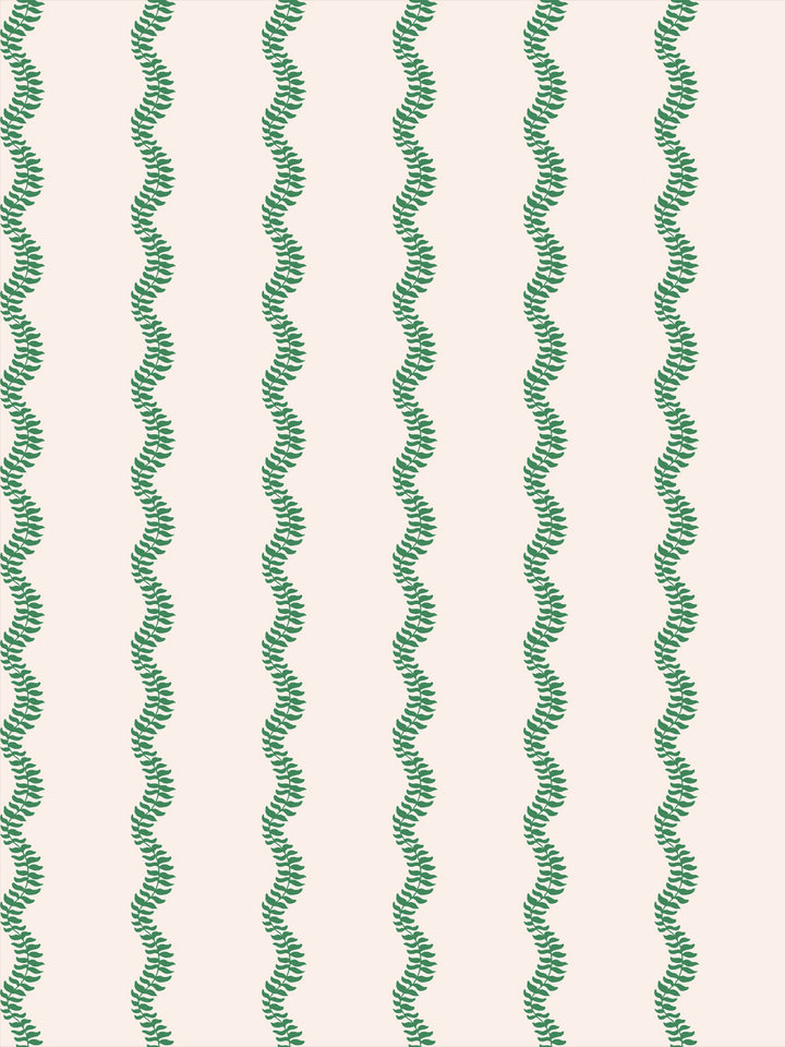 Emerald green wavy fern-vine stripes on a warm cream ground