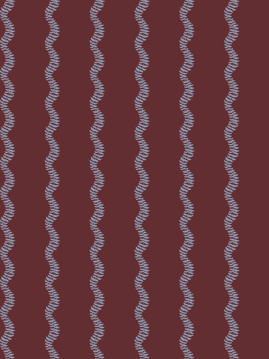 Dusty periwinkle fern-vine stripes on a deep merlot ground