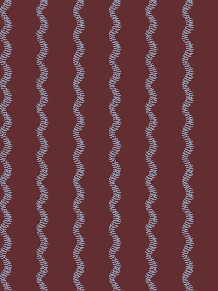 Dusty periwinkle fern-vine stripes on a deep merlot ground
