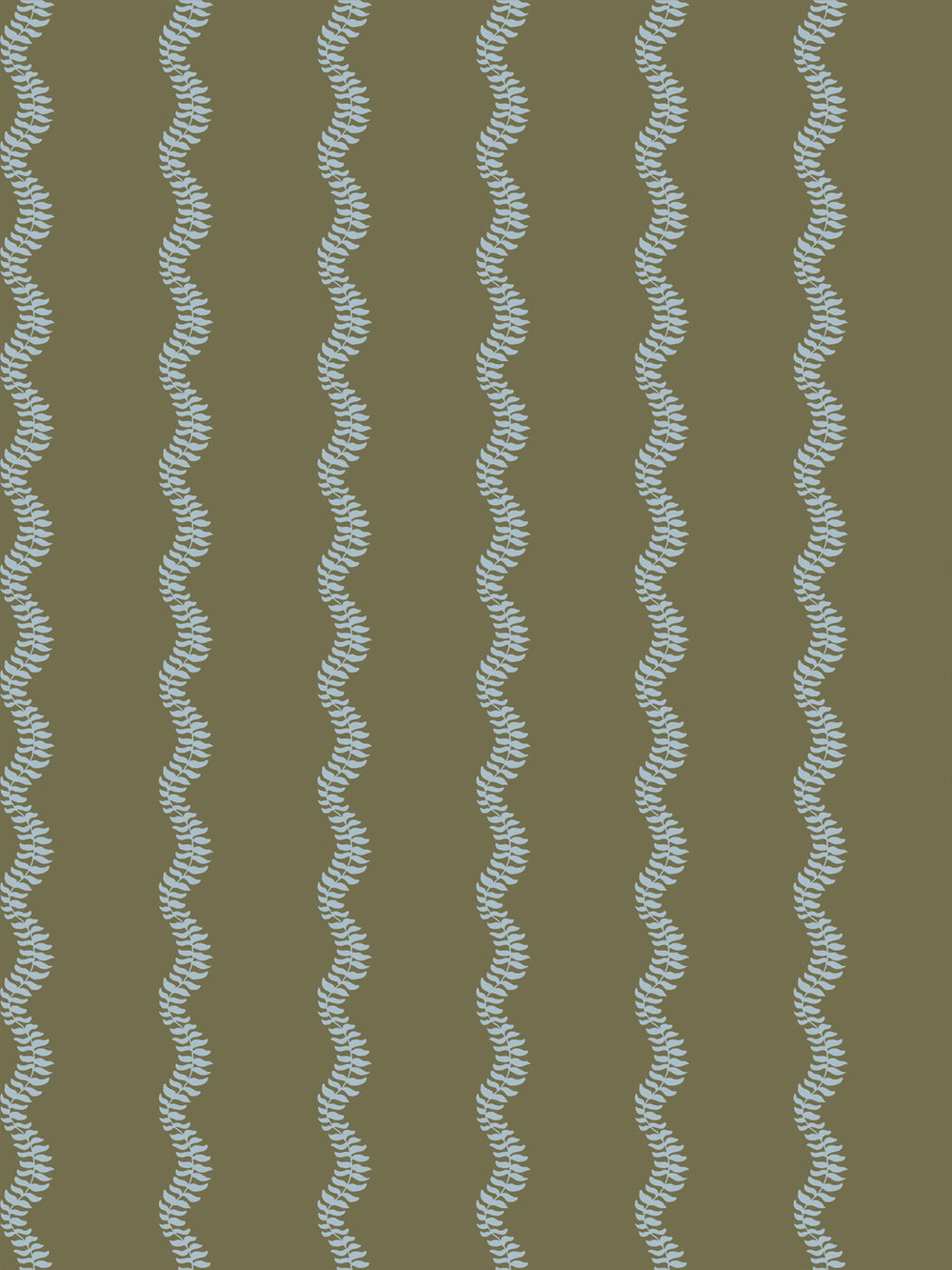 Pale blue wavy fern-vine stripes on an olive green ground
