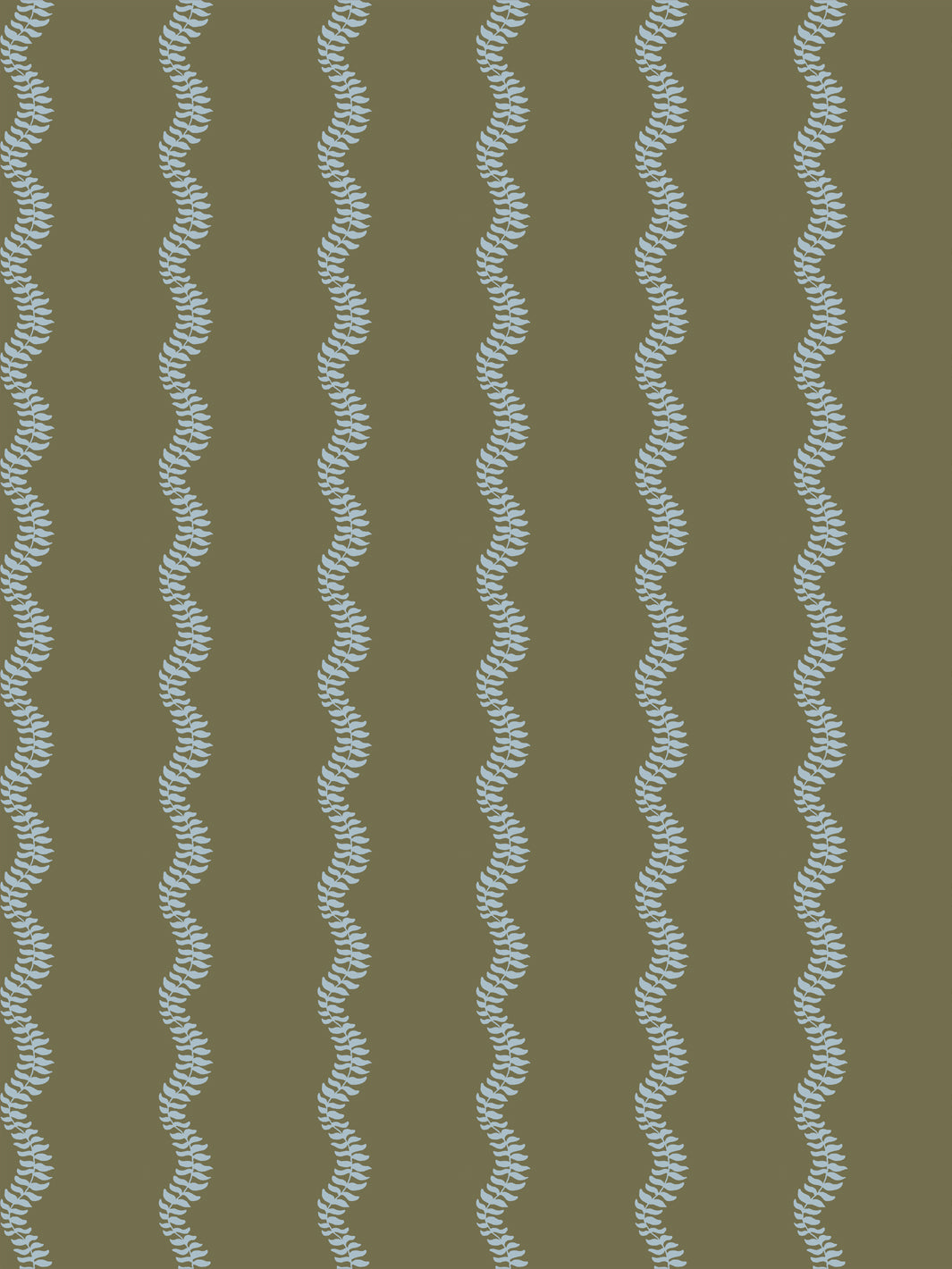 Pale blue wavy fern-vine stripes on an olive green ground