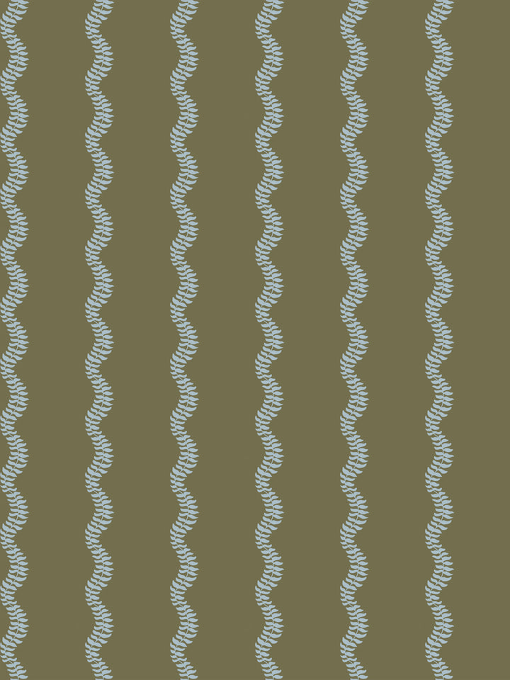 Pale blue wavy fern-vine stripes on an olive green ground