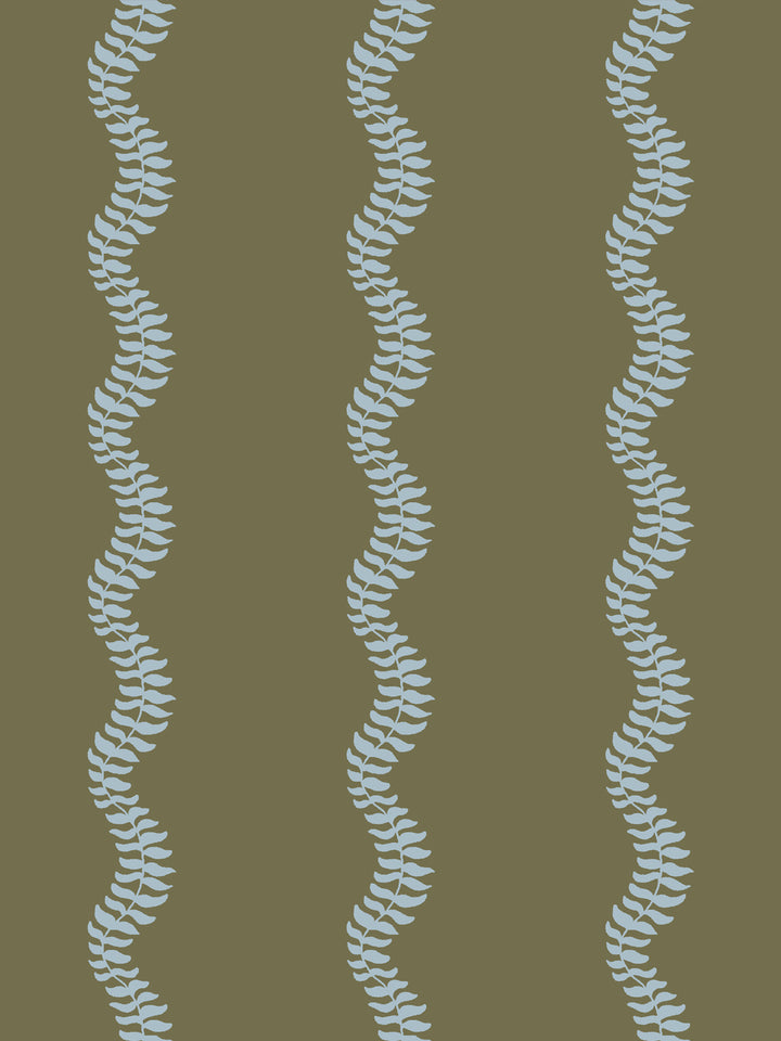 Close crop of pale dusty sky blue leaf stripes on olive khaki green