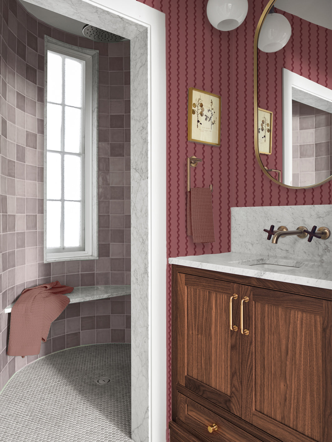 Rose and garnet stripe wallpaper in a bath with mauve tile shower and walnut vanity