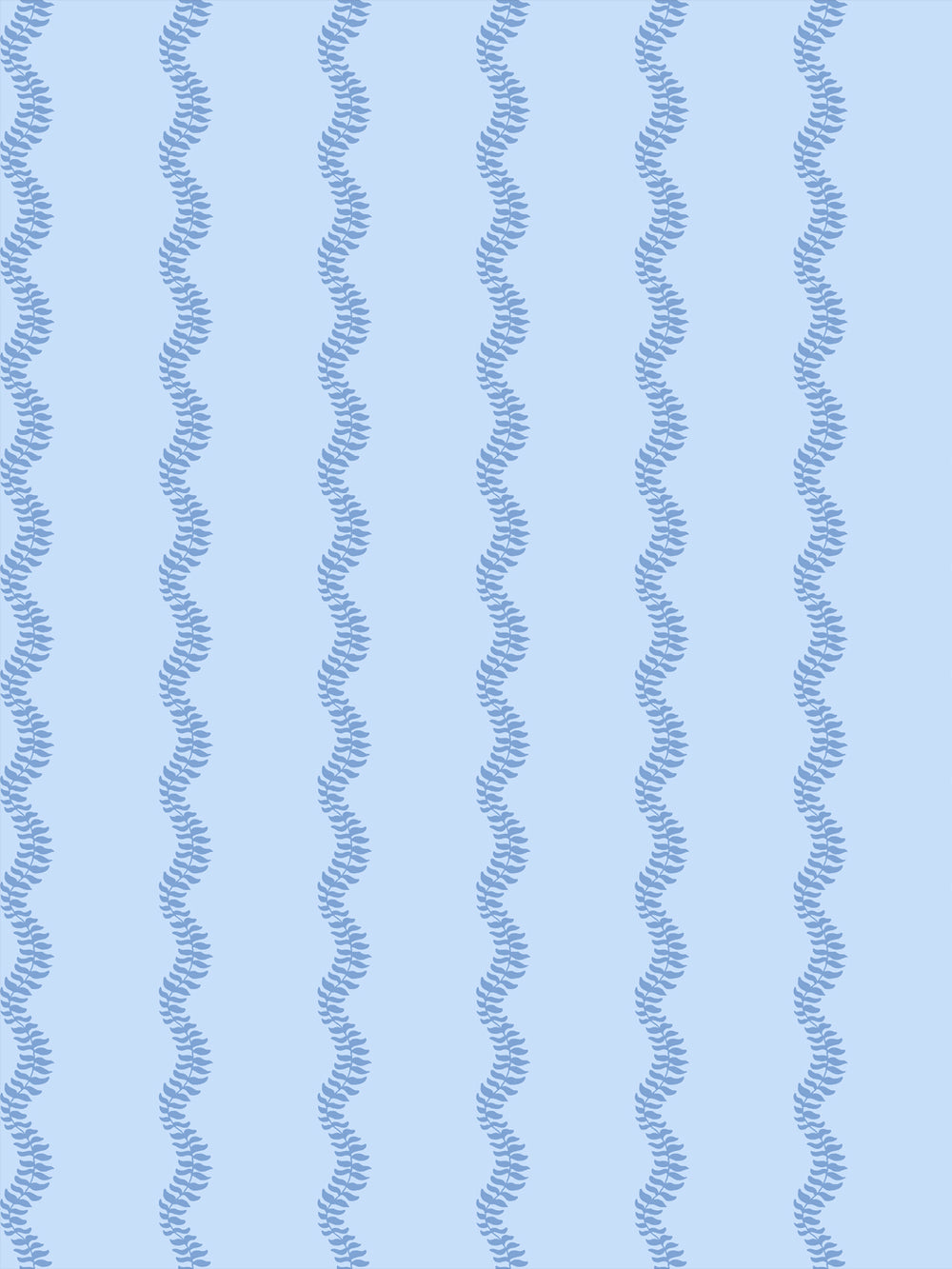 Cornflower blue wavy fern-vine stripes on a pale powder blue ground