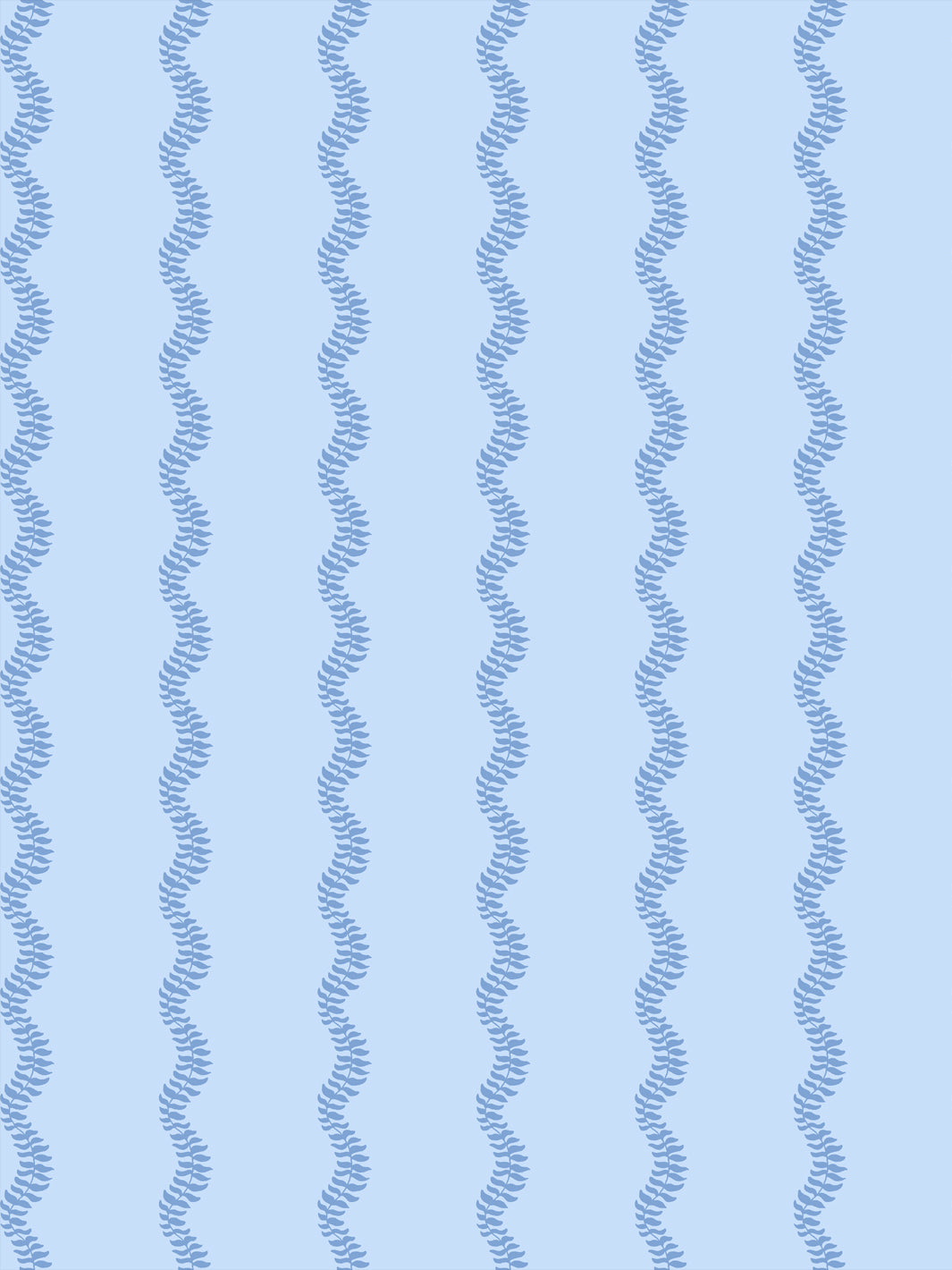 Cornflower blue wavy fern-vine stripes on a pale powder blue ground