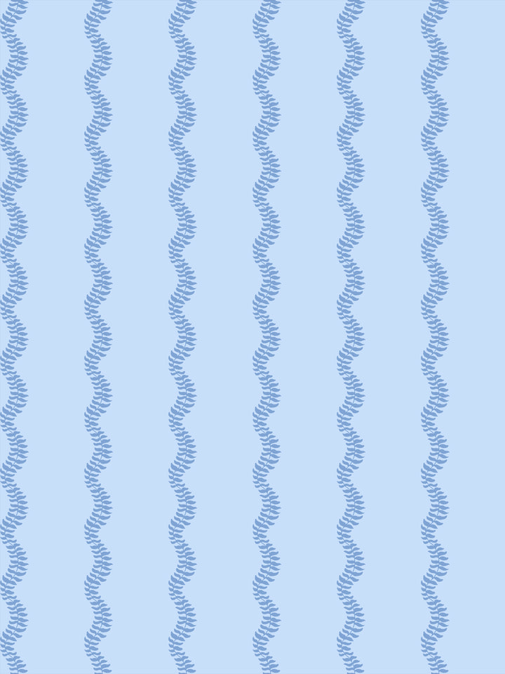Cornflower blue wavy fern-vine stripes on a pale powder blue ground