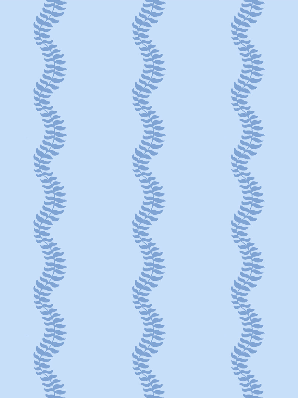 Close crop of medium cornflower denim blue leaf stripes on pale powder blue