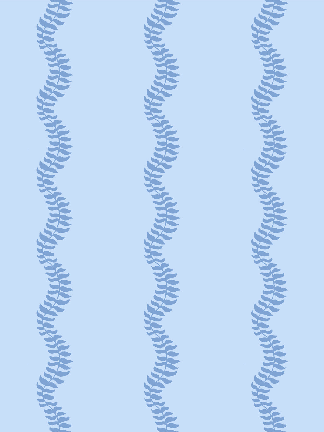 Close crop of medium cornflower denim blue leaf stripes on pale powder blue