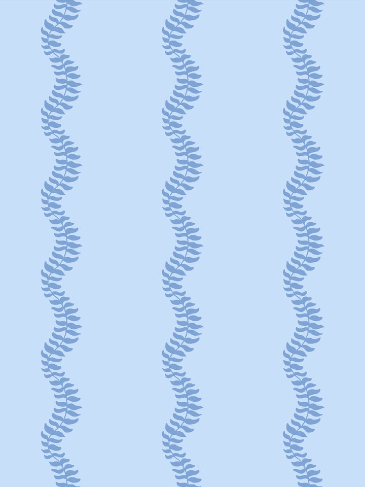 Close crop of medium cornflower denim blue leaf stripes on pale powder blue