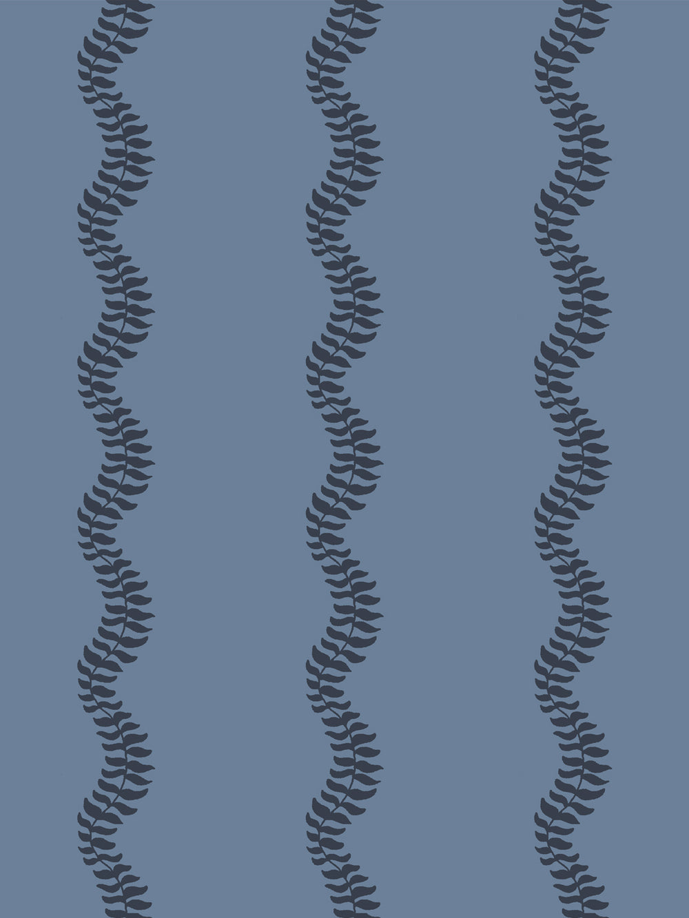 Close crop of dark charcoal navy leaf stripes on medium slate denim blue
