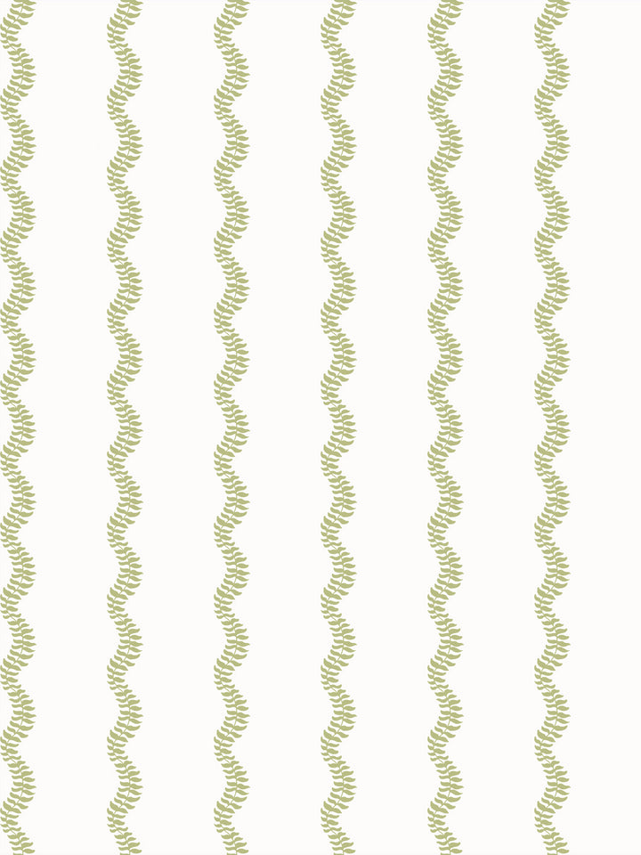 Soft pear green wavy fern-vine stripes on a crisp white ground