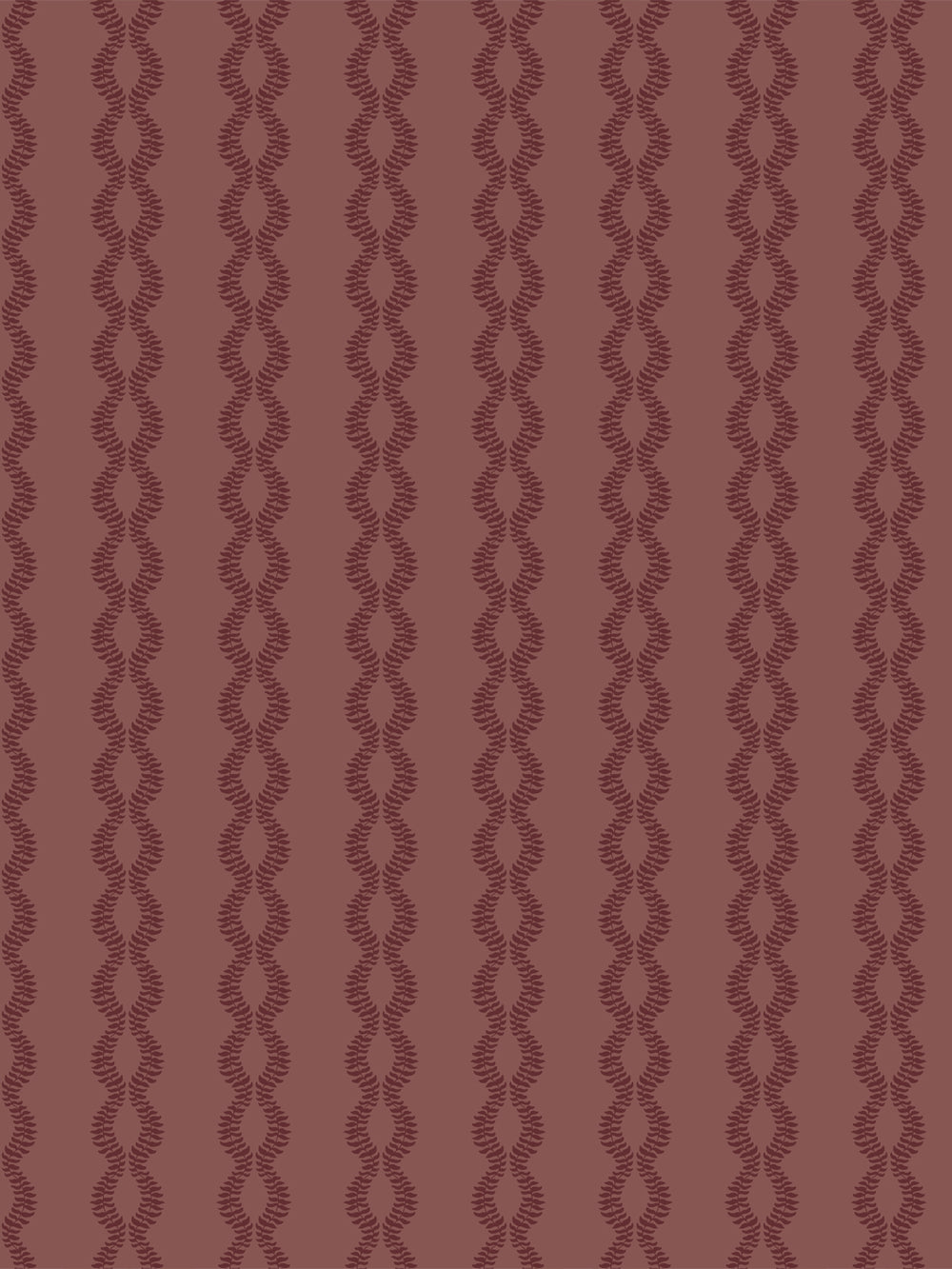 Sutton Vine wallpaper in Aged Burgundy, dark maroon braided leaf vines on a muted brick red ground