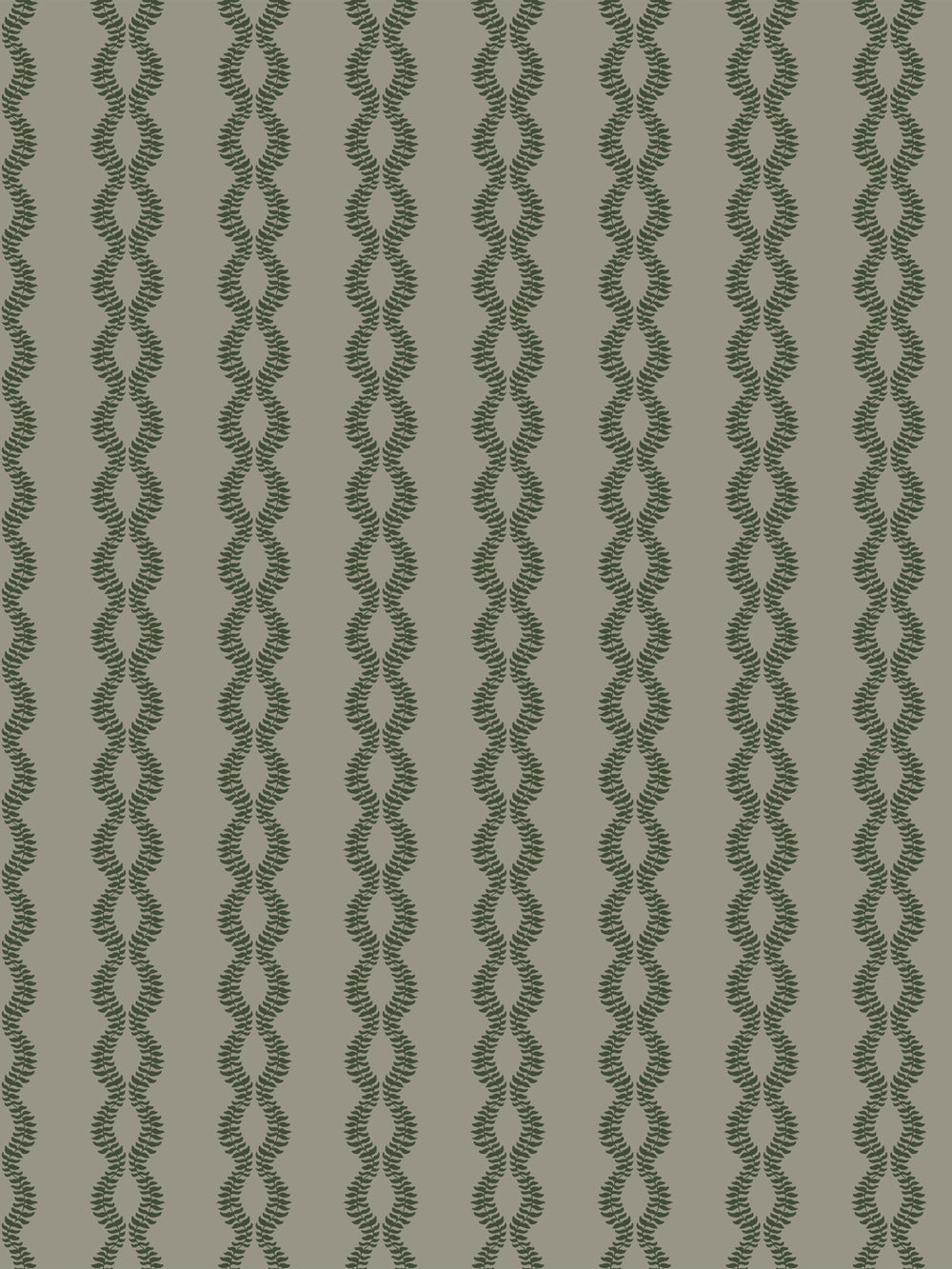 Sutton Vine wallpaper in Aged Olive, dark pine green braided leaf vines on a grey-taupe ground