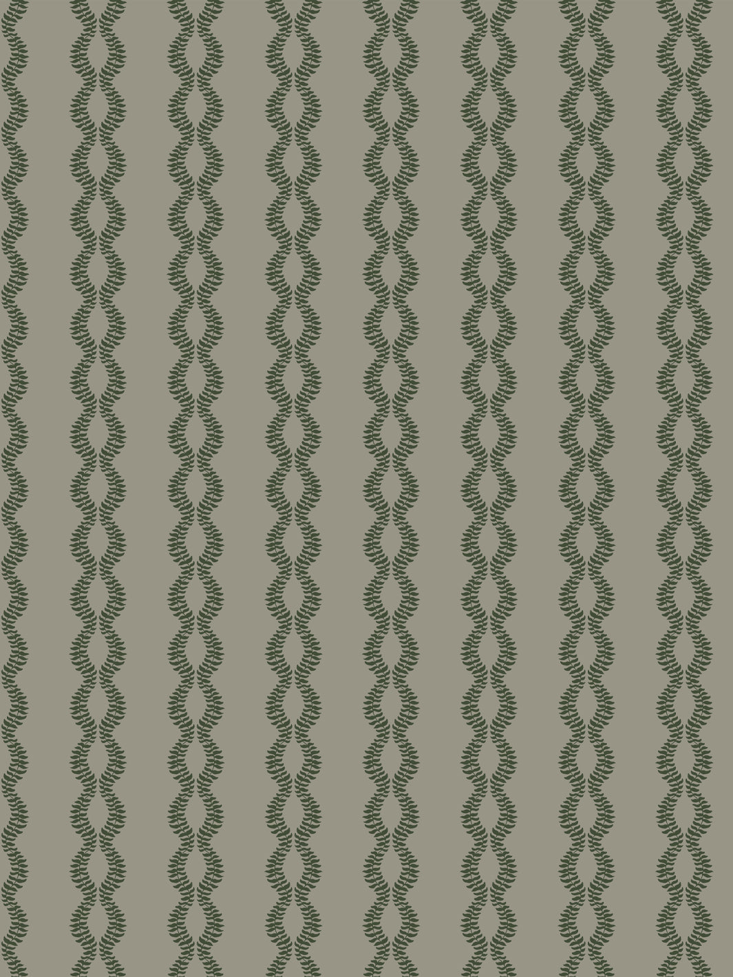 Sutton Vine wallpaper in Aged Olive, dark pine green braided leaf vines on a grey-taupe ground
