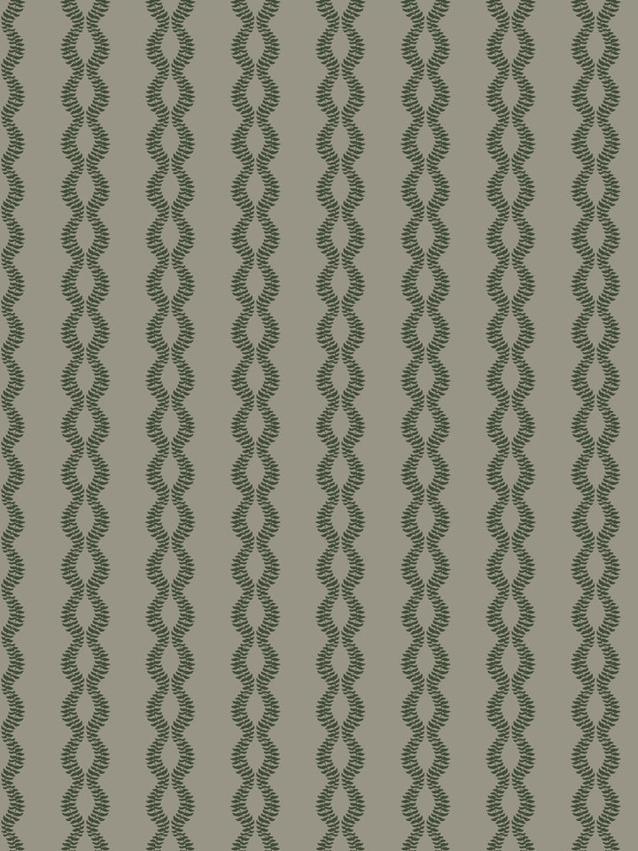 Sutton Vine wallpaper in Aged Olive, dark pine green braided leaf vines on a grey-taupe ground