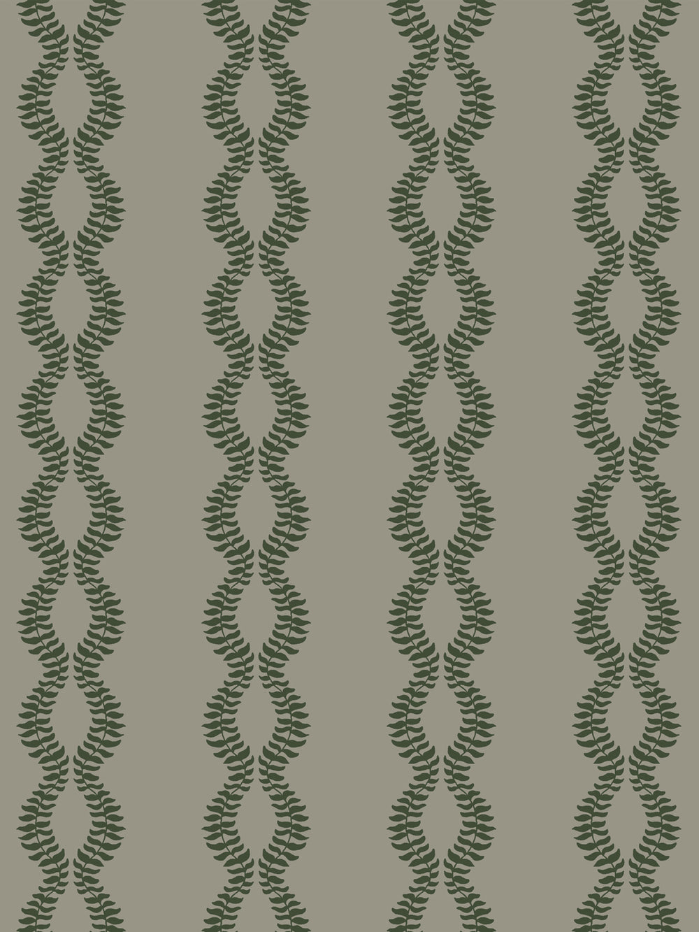 Close crop of dark pine or forest green leaf vines on warm grey-taupe greige