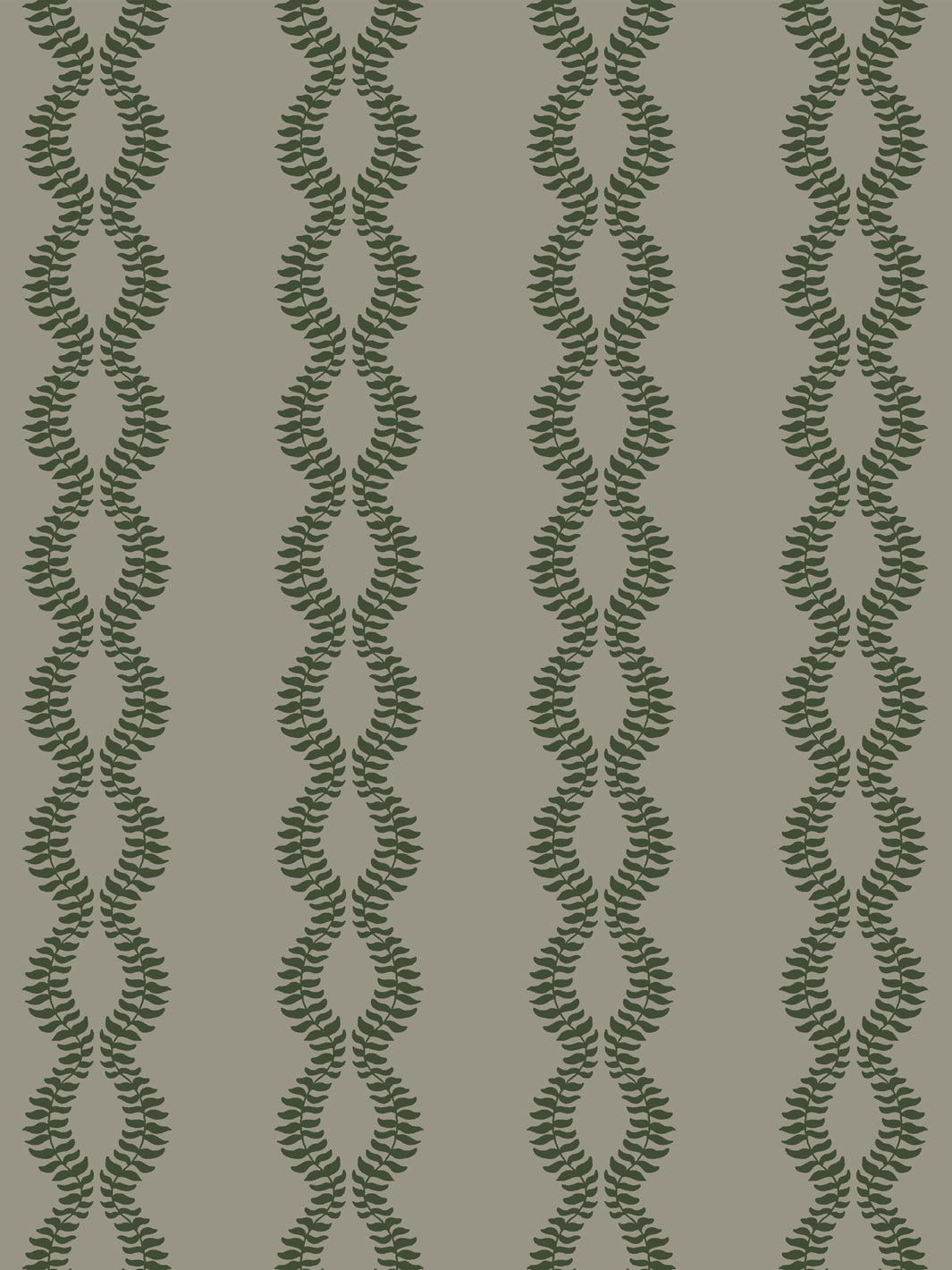 Close crop of dark pine or forest green leaf vines on warm grey-taupe greige