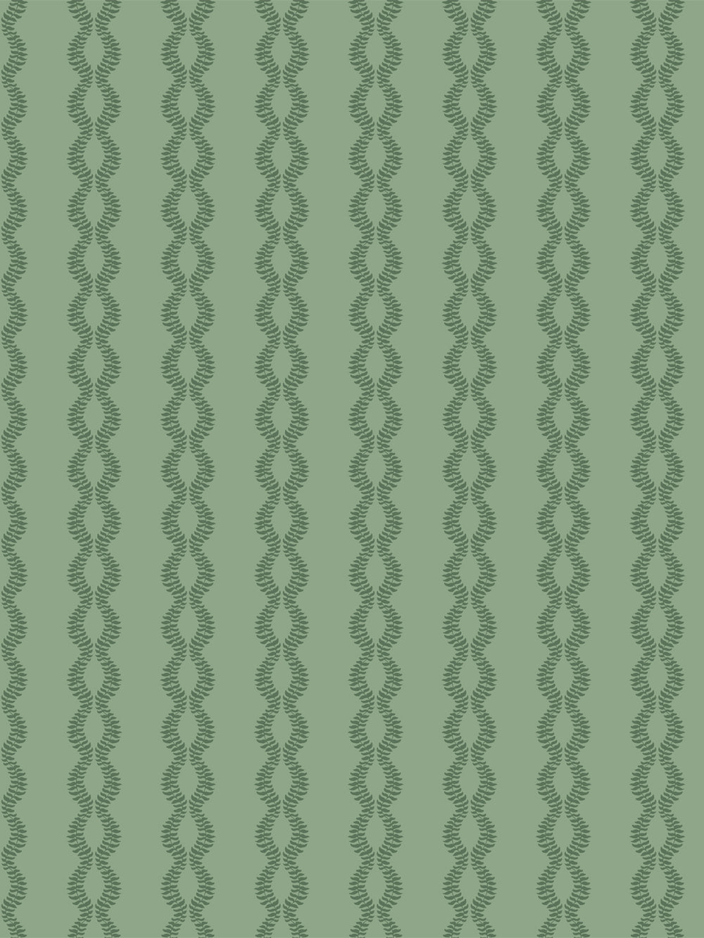 Sutton Vine wallpaper in Antique Leaf, deep green twining leaf vines on a soft sage green ground
