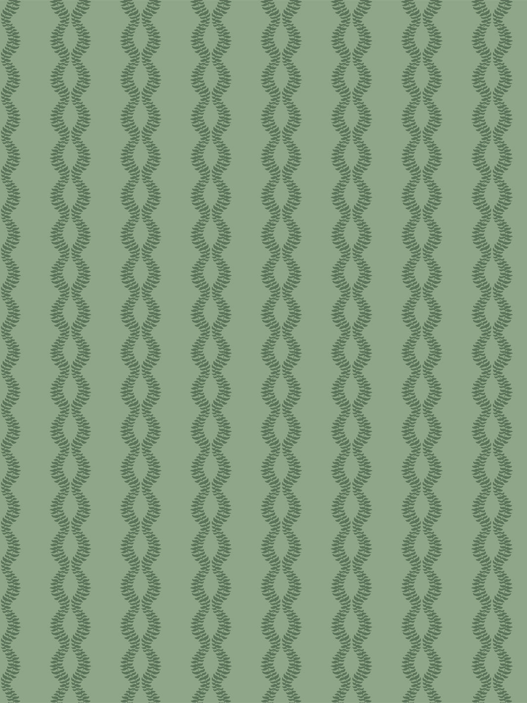 Sutton Vine wallpaper in Antique Leaf, deep green twining leaf vines on a soft sage green ground