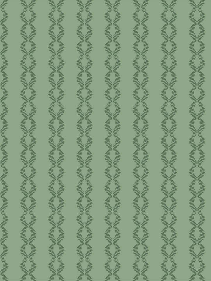 Sutton Vine wallpaper in Antique Leaf, deep green twining leaf vines on a soft sage green ground