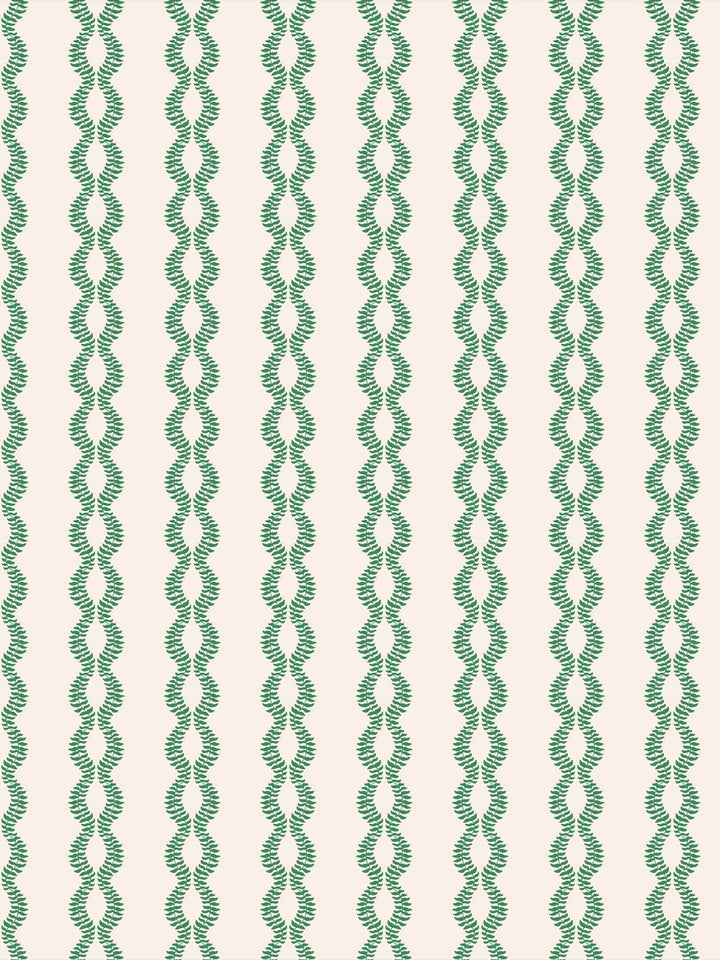 Sutton Vine wallpaper in Evergreen Cream, kelly green twining leaf vines on a warm cream ground