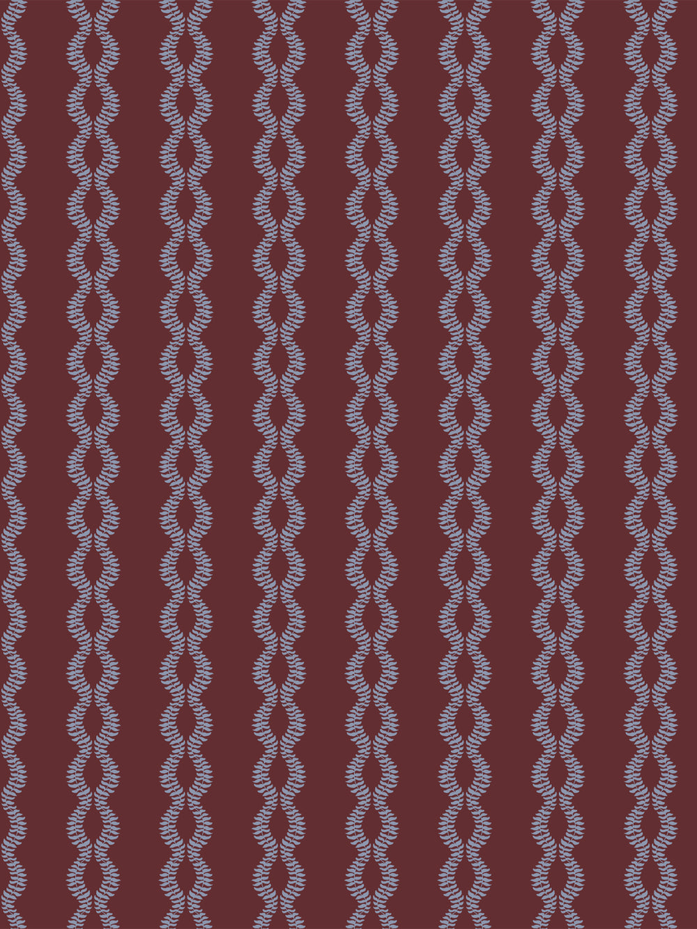 Sutton Vine wallpaper in Faded Periwinkle Merlot, dusty blue leaf vines on a deep merlot ground