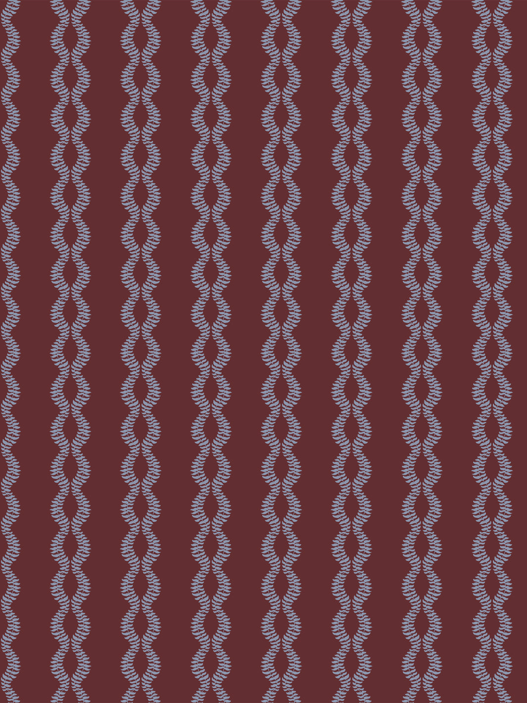 Sutton Vine wallpaper in Faded Periwinkle Merlot, dusty blue leaf vines on a deep merlot ground
