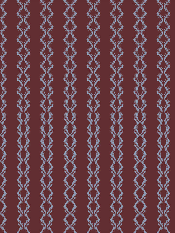 Sutton Vine wallpaper in Faded Periwinkle Merlot, dusty blue leaf vines on a deep merlot ground