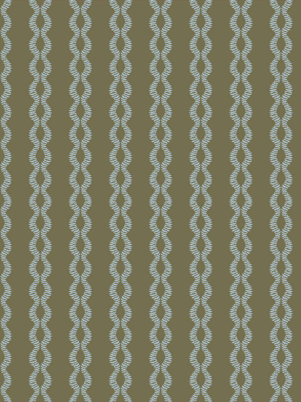 Sutton Vine wallpaper in Fern Sky, pale blue braided leaf vines on a dark olive green ground