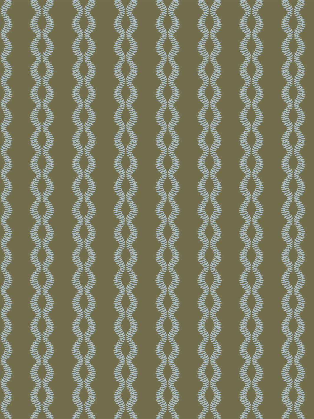 Sutton Vine wallpaper in Fern Sky, pale blue braided leaf vines on a dark olive green ground