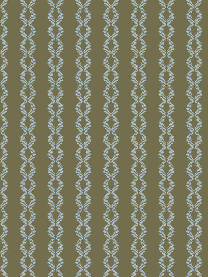 Sutton Vine wallpaper in Fern Sky, pale blue braided leaf vines on a dark olive green ground