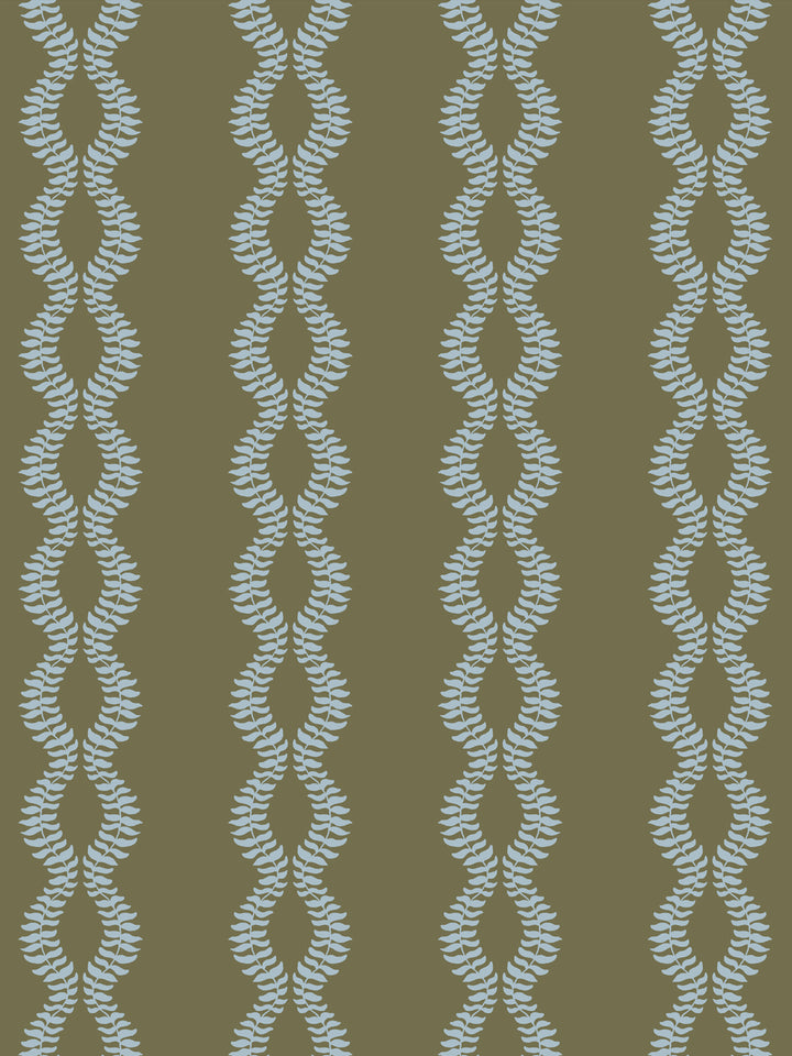 Close crop of pale dusty sky blue leaf vines on dark olive-khaki green