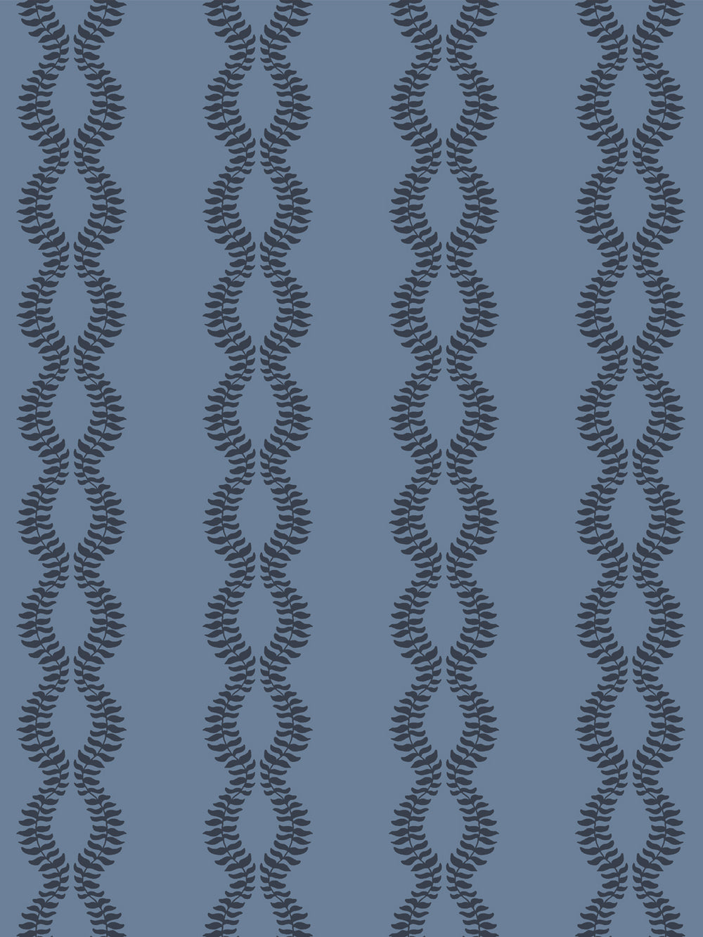 Close crop of dark charcoal navy leaf vines on medium slate or denim blue