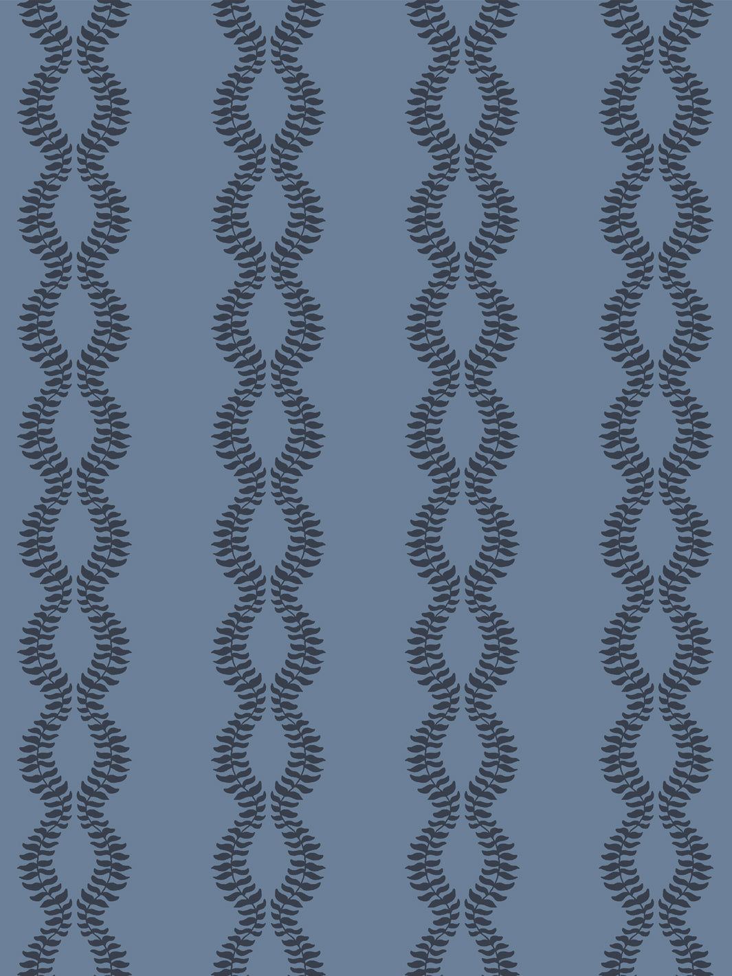 Vintage navy vine wallpaper with repeating leaf-and-curl motif, seamless pattern