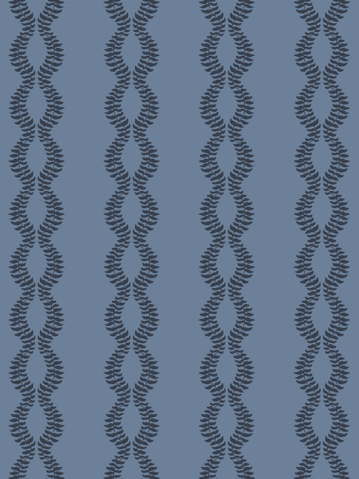 Vintage navy vine wallpaper with repeating leaf-and-curl motif, seamless pattern