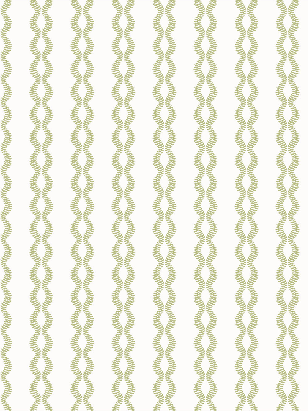 Sutton Vine wallpaper in Winter Pear, pale green leaf vines on a bright white ground
